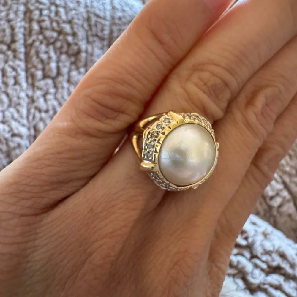 Vintage 14K Yellow Gold Pearl & Diamond Ring – Size 6 – 4.6g - Picture 4 of 11
